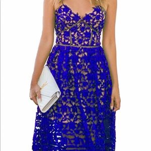 Royal Blue Lace Overlay Spaghetti Strap Cocktail Dress with Nude Lining Large
